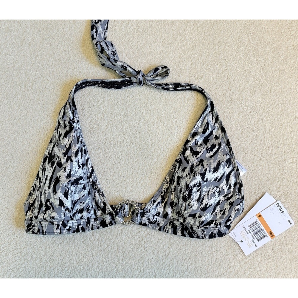 $76 MICHAEL KORS Logo Ring Halter Swimsuit Bikini Top Black Silver Gray NWT S